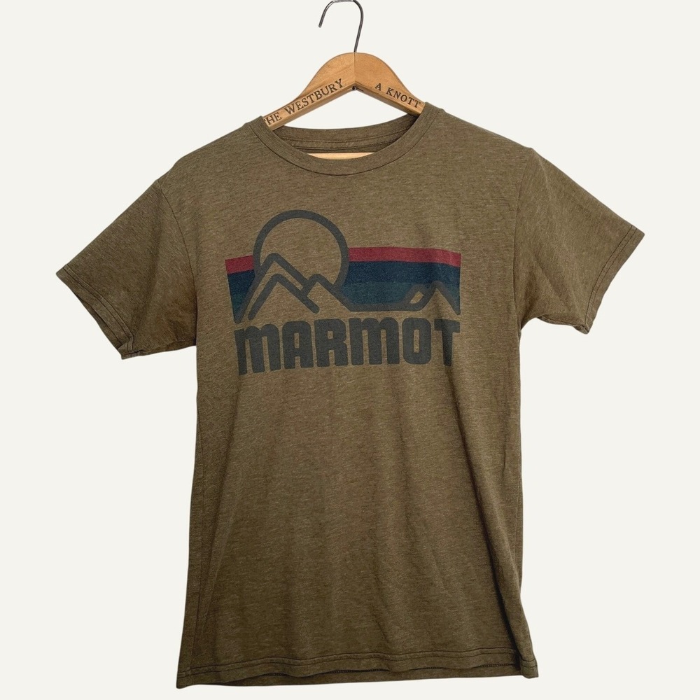Marmot x Thread Mens Graphic‎ T-Shirt Brown Mountain Sunset Logo Size Small